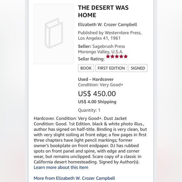 1961 The Desert Was Home by Elizabeth W. Crozier Campbell first edition/signed - Picture 13 of 15